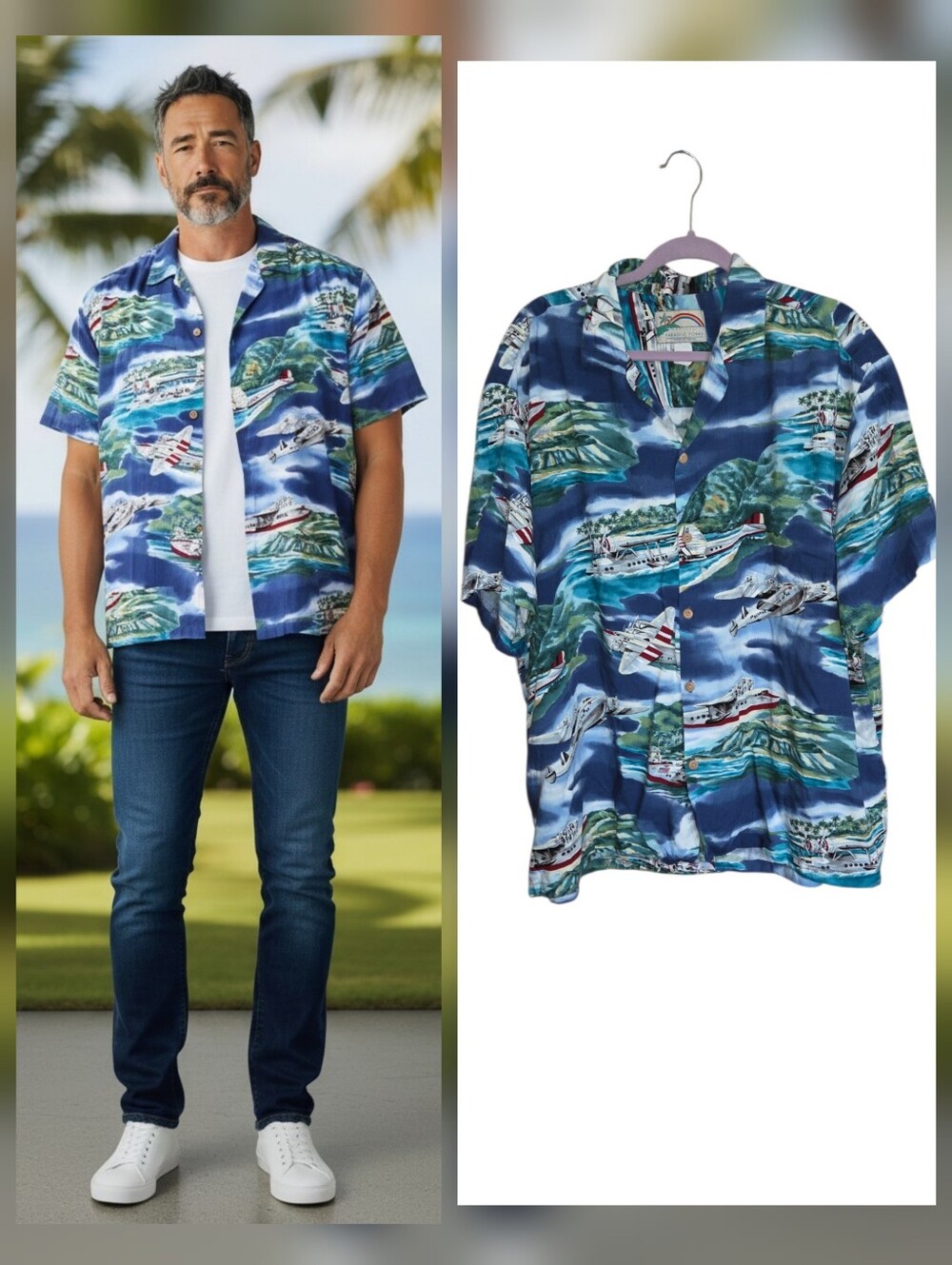 Vintage PARADISE FOUND Hawaiian Shirt USA Airplanes Islands Beach Blue Mens XL